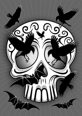 Skull with Crows and Bats