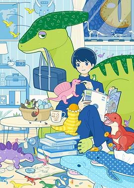 Dinosaur Room with Boy Reading Book