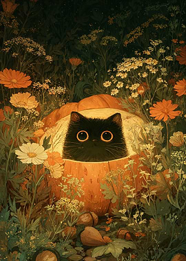 Black Cat in Pumpkin Patch