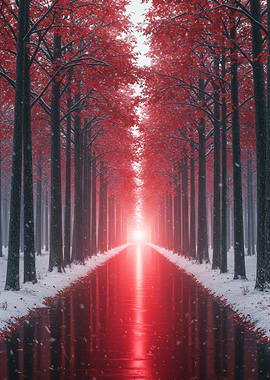 Red Forest Path in Winter
