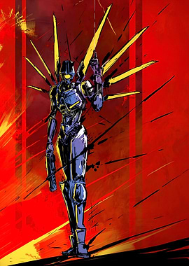 Stylized Robot Warrior on Red Backdrop