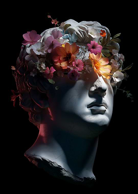Floral Crowned Bust Sculpture on Black