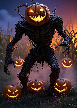 Halloween Pumpkin Monster in Cornfield