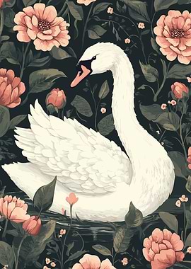 Swan in Floral Garden Illustration