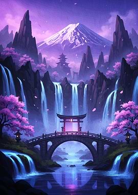 Japanese Landscape Bridge Waterfalls