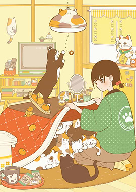 Cozy Kotatsu with Cats and Girl