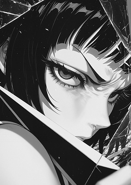 Monochrome Anime Girl with Intense Gaze