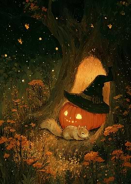 Halloween Pumpkin, Squirrel, and Witch Hat