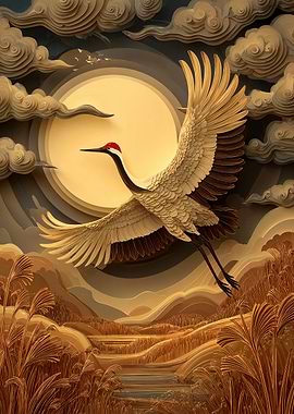 Crane in Flight over Golden Landscape