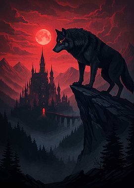 Wolf Cliff Castle Red Moon