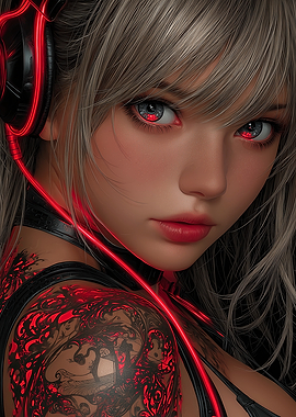 Cyberpunk Girl with Tattoo and Headphones