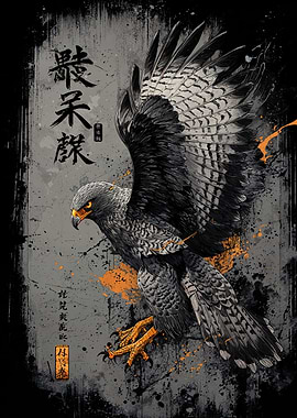 Hawk with Japanese Calligraphy Art