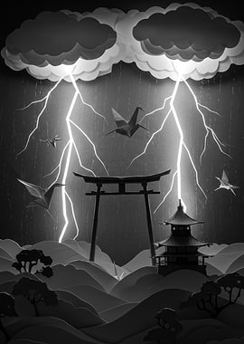 Japanese Landscape with Origami Cranes