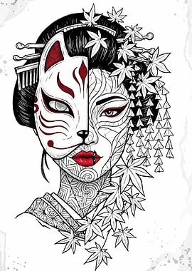 Geisha Kitsune Mask Maple Leaves