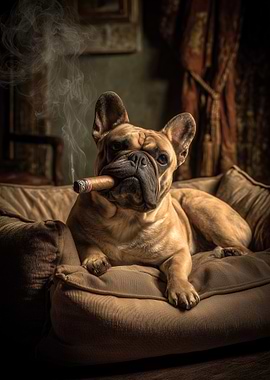 Dog smoking cigar on a couch