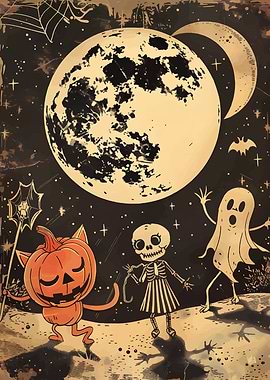 Halloween Night with Pumpkin, Skeleton, Ghost