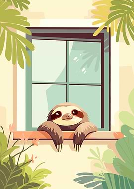 Cute Sloth in Window with Plants