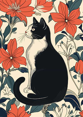 Elegant Cat with Floral Background