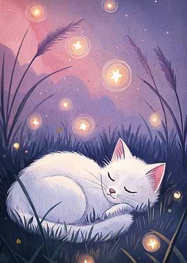 Sleeping White Cat with Fireflies
