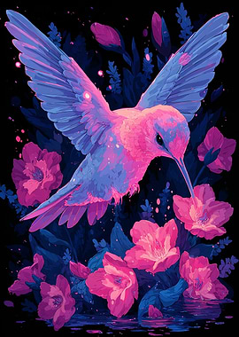 Hummingbird and Flowers in Neon Colors