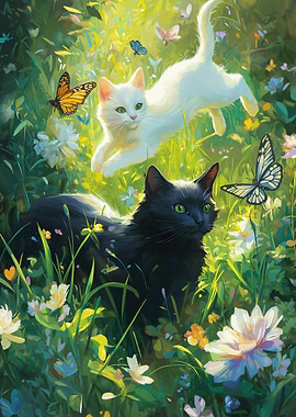Cats and Butterflies in a Meadow