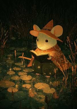 Mouse Wizard Reading Book in Pond