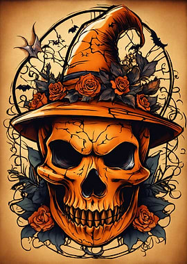 Halloween Skull with Witch Hat and Roses