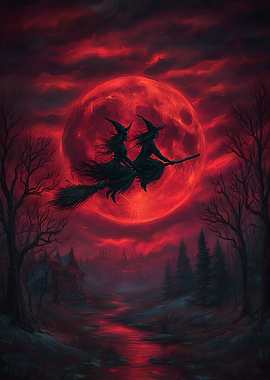 Witches Flying on Broomstick with Red Moon