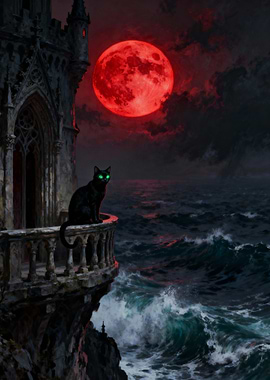 Black Cat, Red Moon, Gothic Castle