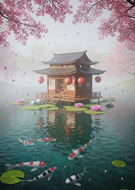 Japanese Pagoda with Koi Pond Serenity