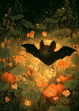 Cute Bat in a Pumpkin Patch