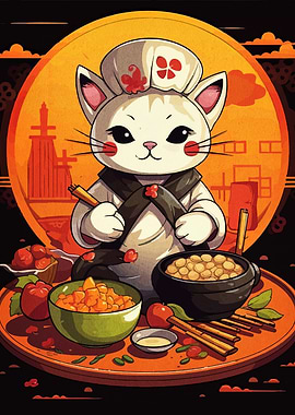 Cat Chef with Asian Cuisine