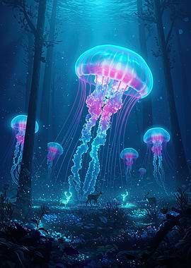 Underwater Forest with Jellyfish and Deer