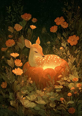 Resting Fawn on Pumpkin Patch