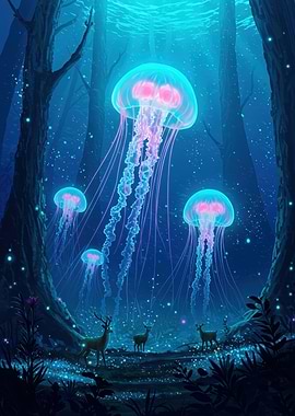 Enchanted Forest with Jellyfish and Deer
