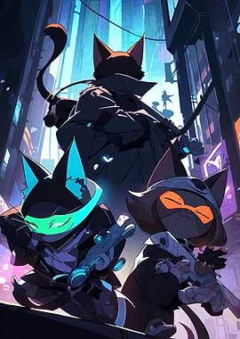 Cyberpunk Cat Crew in Cityscape