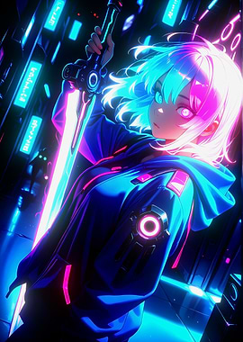 Cyberpunk Anime Girl with Neon Sword Neo Tokyo