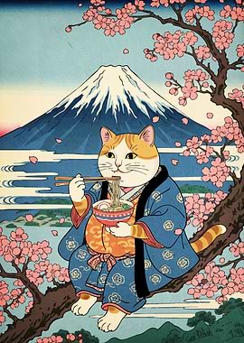 Ukiyo-e Cat Ramen Cherry Blossoms