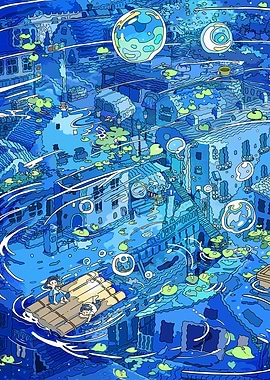 Flooded Cityscape with Raft and Bubbles