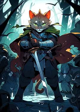 Cat Warrior with Sword in Forest