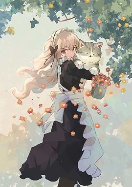 Anime Girl with Cat and Flowers