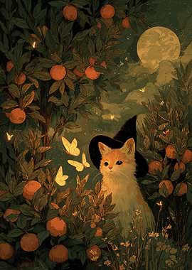 Whimsical Cat Witch in Orange Grove