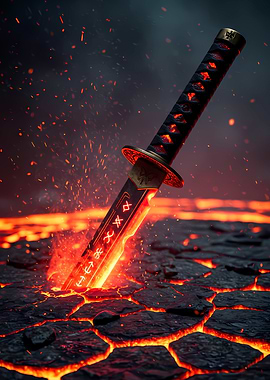 Fiery Katana in Lava Field