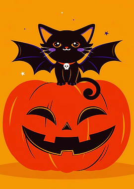 Halloween Cat on Pumpkin Illustration