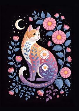 Floral Cat Illustration on Black Background