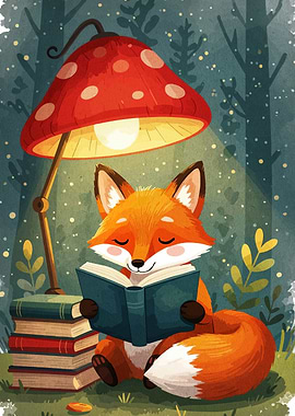 Fox reading book under mushroom lamp