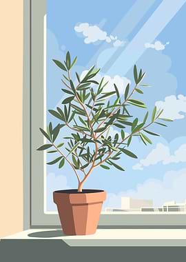 Potted Plant on Windowsill Illustration