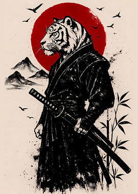 Tiger Samurai with Katana and Red Sun