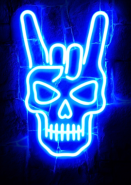 Blue Neon Skull Rock On Sign