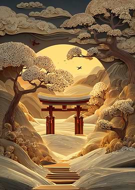 Japanese Landscape with Torii Gate